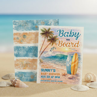 Baby on Board Retro Surf Beach Baby Shower Kaart