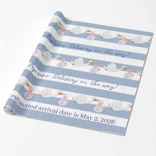 Baby Ooievaar Inpakpapier Blauw & Wit Streep