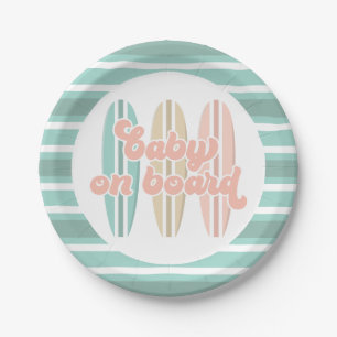 Baby op surfplank strand baby shower papieren bordje