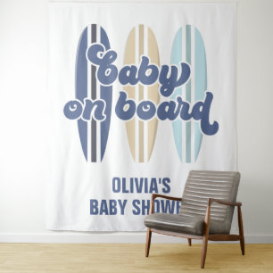 Baby op surfplank strand baby shower wandkleed