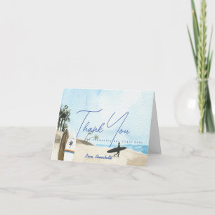Baby op surfplank strand blauwe jongen babyfeestje bedankkaart
