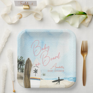 Baby op surfplank strand roze baby shower papieren bordje