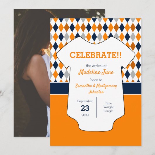 Baby Oranje en Navy Blue Argyle Aankondiging (Voorkant / Achterkant)