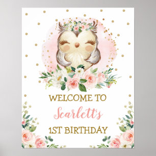 Baby Owl Blush Gold Pink Floral Birthday Welkom Poster