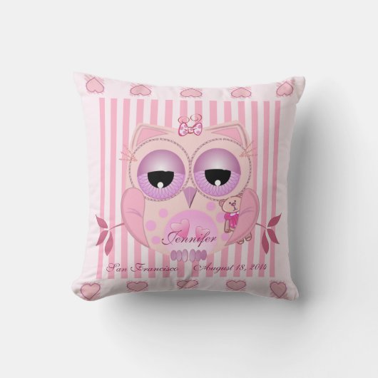 Baby Owl Coussin avec nom et informations sur la n (Recto)