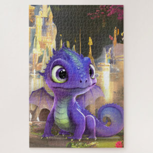Baby Paarse draak en Fantasy middeleeuwse kasteel Legpuzzel