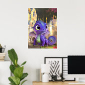 Baby Paarse draak en Fantasy middeleeuwse kasteel Poster (Thuiskantoor)
