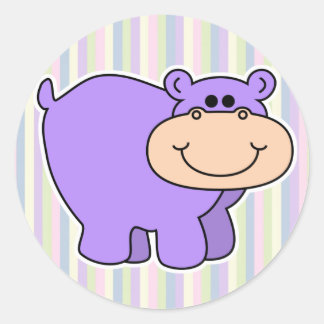 baby paarse nijlpaard met gestreepte achtergrond ronde sticker