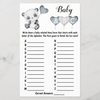 Baby Panda ABC Baby shower Game Kaart