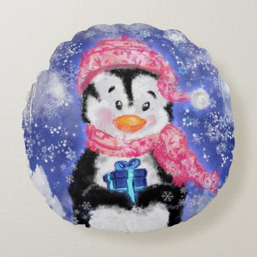 Baby Penguin Noël Round Coussin cadeau (Devant)