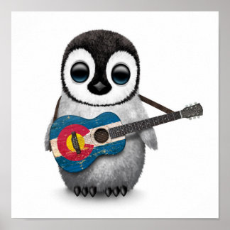 Baby Penguin Plays Colorado Flag Guitar Poster