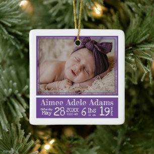 Baby Photo Birth Stats Ornament Paarse strepen