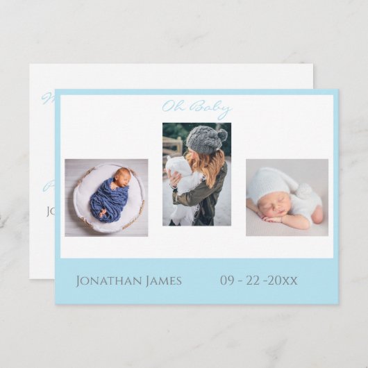 Baby Photo Blue Boy Script Stats Cute Birth Aankondigingskaart (Voorkant / Achterkant)