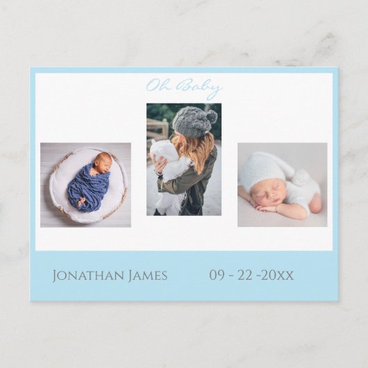 Baby Photo Blue Boy Script Stats Cute Birth Aankondigingskaart (Voorkant)