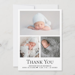 Baby Photo Grid Geboortestatistieken Zwart Wit Bedankkaart