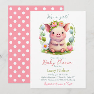 Baby Pig Girl Baby shower Invitation Kaart