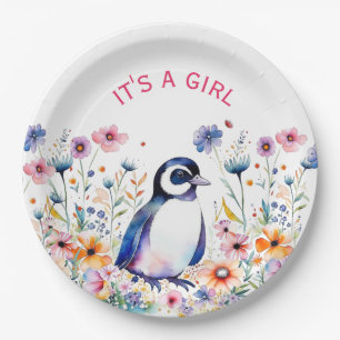 Baby Pinguïn in bloemen Het is een meisje   BABY S Papieren Bordje