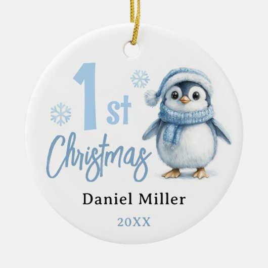 Baby Pinguïn Jongen Eerste Kerstmis 2024 Keramisch Ornament (Voorkant)