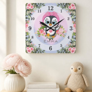 Baby Pinguïn Kinderkamer Gepersonaliseerd Vierkante Klok
