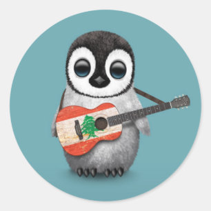 Baby Pinguïn spelen Libanese vlag gitaar blauw Ronde Sticker