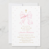 Baby Pink Bow & Pearls Girl Baptism Invitation (Devant)