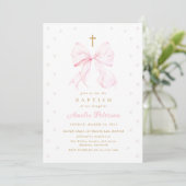 Baby Pink Bow & Pearls Girl Baptism Invitation (Debout devant)