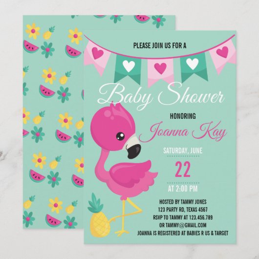 Baby Pink Flamingo Baby shower Uitnodiging (Voorkant / Achterkant)