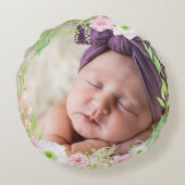 Baby Pink Floral Monogram Baby Stats Rond Kussen (Achterkant)