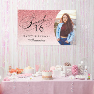 Baby Pink Glitter Sweet 16 gepersonaliseerde foto Spandoek