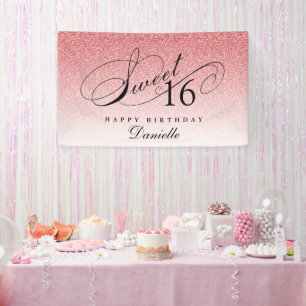 Baby Pink Glitter Sweet 16 Gepersonaliseerde Verja Spandoek