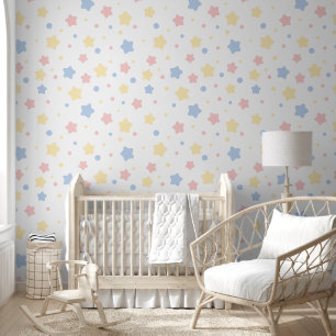 Baby Pink, Yellow, and Blue Stars on White Pattern Behang