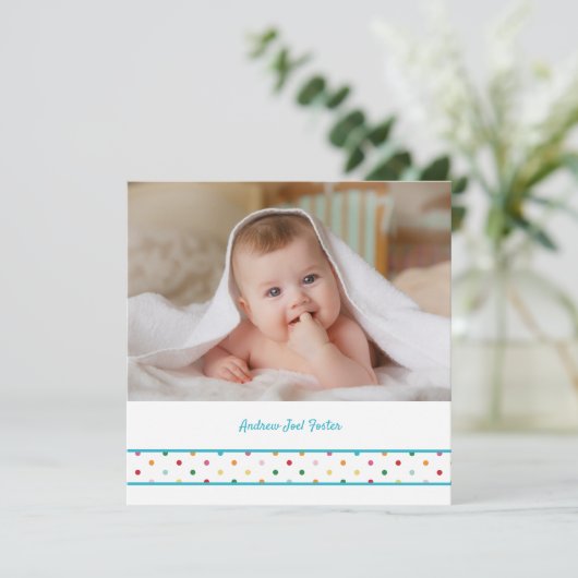 Baby Polka Dots Custom Photo Naming Ceremony Aankondiging (Staand voorkant)