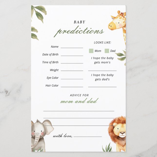 Baby Predictions Safari Animals Baby Shower Game (Voorkant)