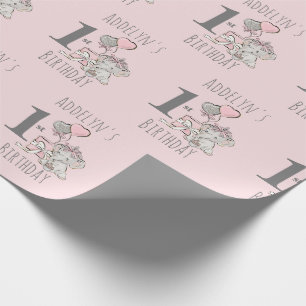 Baby Prinses Olifant Meisje Roze 1e Verjaardag Cadeaupapier