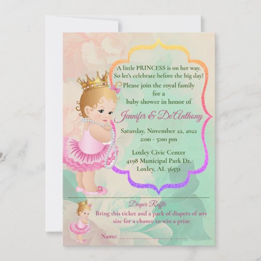 Baby Prinses Waterverf Baby shower Kaart (Voorkant)