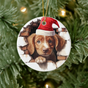 Baby Puppy in Santa Hat - 3D Keramisch Ornament