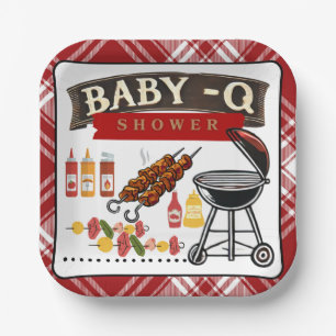 Baby-Q Geruit Rood & Zwart Grill Baby shower Papieren Bordje