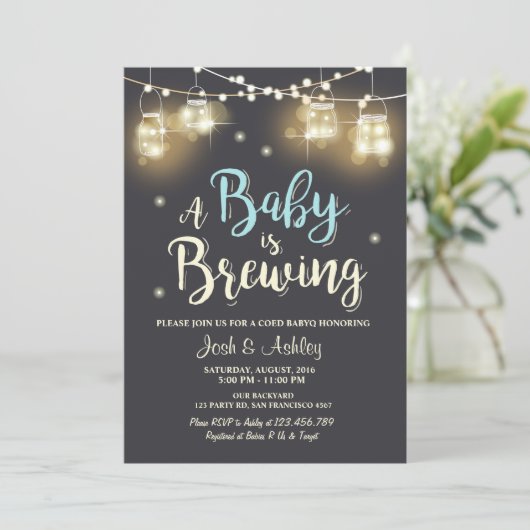 Baby Q Invitation Coed BBQ Baby Brouwen Jongen Bla Kaart (Staand voorkant)