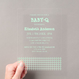 Baby-Q Mintgroene Gingham Baby Shower Acryl Uitnodigingen