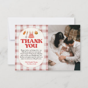 Baby-Q Rode Gingham Baby Shower Bedanktkaart Bedankkaart