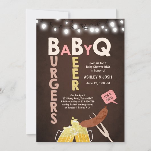 Baby Q-uitnodiging Coed BBQ Baby shower Rustic Gir Kaart (Voorkant)