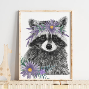 Baby Raccoon Floral Nursery Print Impression Rac