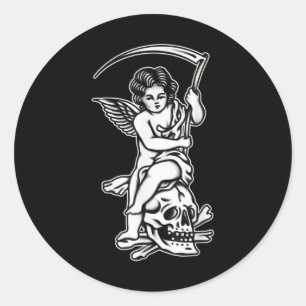 Baby Reaper Skull Scythe Blackwork Tattoo Flash Ronde Sticker