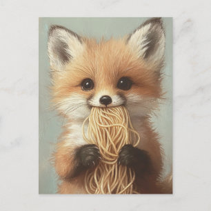 baby Red Fox eet spaghetti Briefkaart