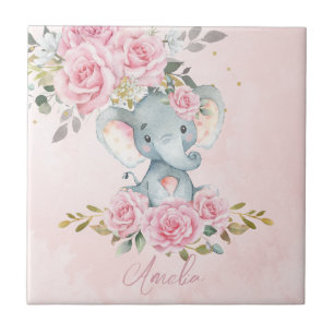 Baby Roze Bloemige Cute Olifant Nursery Slaapkamer Tegeltje