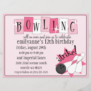 Baby roze en volledig retro Bowling Birthday Party Kaart
