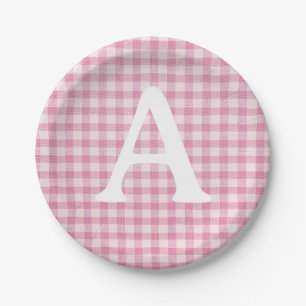 Baby Roze Gingham Aangepaste Initiaal Papieren Bordje