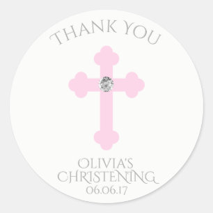 Baby Roze kruis baptisme/Christening Girl Hartelij Ronde Sticker