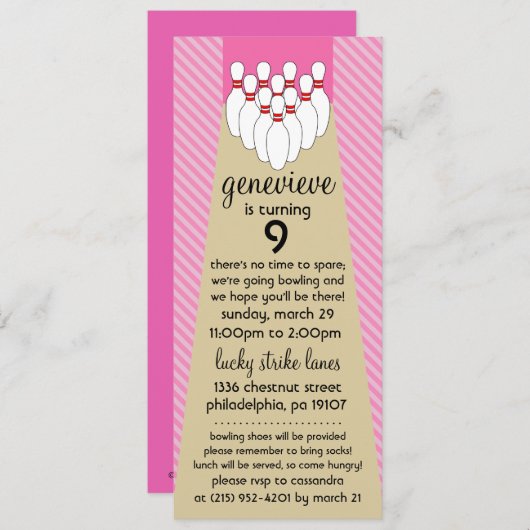 Baby roze Lucky Strike Bowling Birthday Party Kaart (Voorkant / Achterkant)