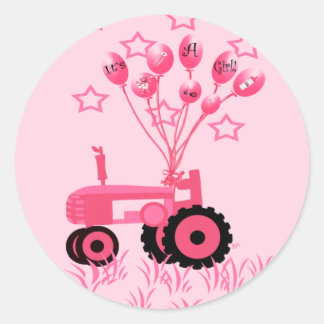 Baby roze tractor met ballonnetjes ronde sticker